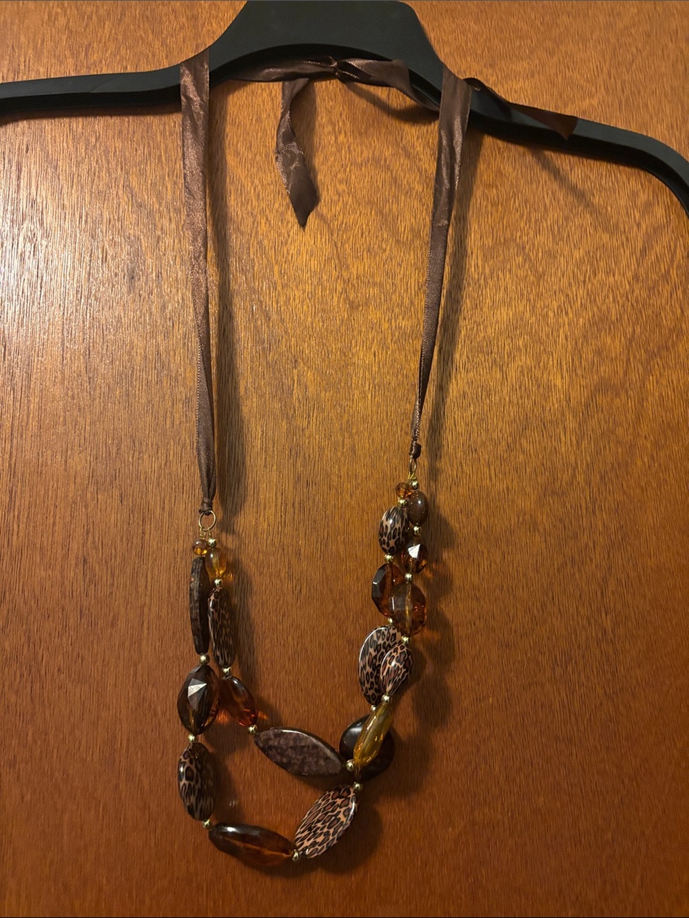 Brown Beaded Ribbon Necklace - Women Jewelry